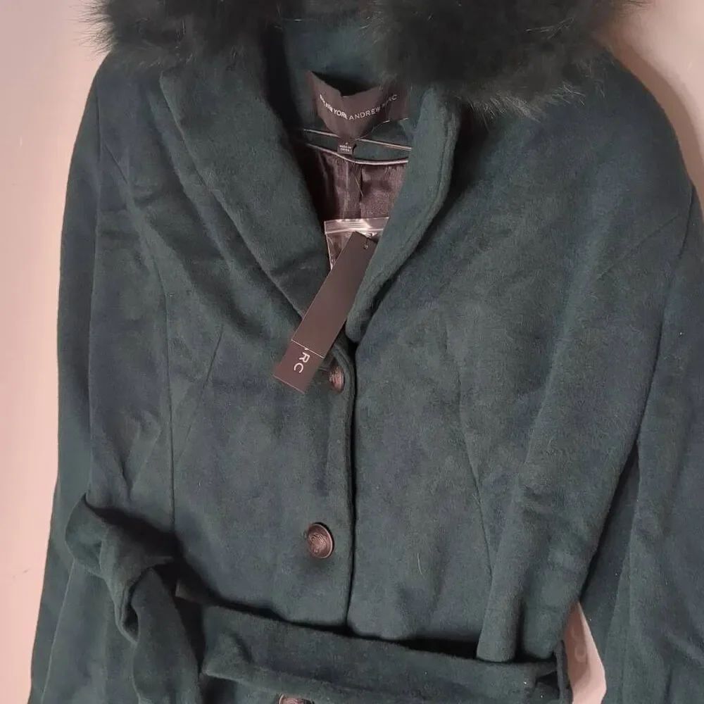 NWT Andrew Marc Fur Trim Dark Emerald Green Pea Wool Trench Coat 6 - Picture 7 of 11
